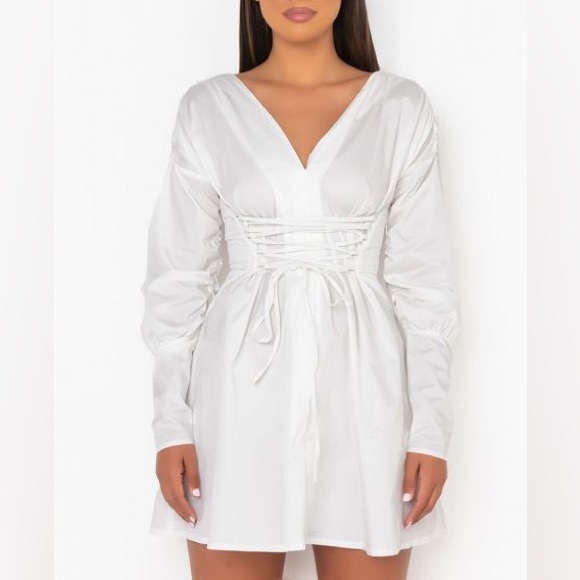 Akira stick with me mini dress, white mini shirt dress with lace up waist design - Picture 7 of 10